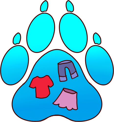 image of a cyan paw with a shirt, pants and skirt on it